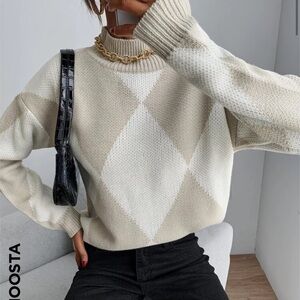 Women's Beige and White Argyle Sweater